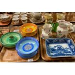 Two trays of ceramics, to include: pair of Shelley bowls on stands and a green ground circular