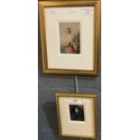 Framed Baxter print, portrait of a lady in a garden together with a small watercolour study of a