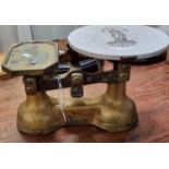 British made gilt metal shop scales with circular ceramic pan. (B.P. 21% + VAT)