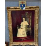 Portrait of a seated pope, coloured print on canvas within gilt frame with Papel Crest. 63x41cm