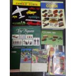 Box of Britains toy brochures together with various hard back books on toys: 'Britains Civilian