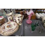 Two trays of china and glassware: Mason's Ironstone 'Mandarin' jugs, Mason's 'Fruit Basket' plate
