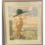 British School, a pair of coloured prints of children with birds in landscapes, suitable for a