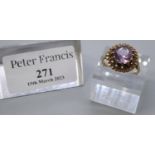A 9ct gold amethyst ring. Ring size N & 1/2. Approx weight 3.9 grams. (B.P. 21% + VAT)