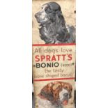 Single sided vintage enamel sign 'All Dog's Love Spratt's Bonio, The Tasty Bone Shaped Biscuit!'.