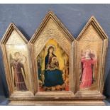 Gilt framed religious Triptych with printed panels, The Virgin Mary and Angels. 50x545cm approx. (