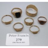 A collection of 9ct gold rings. Mostly cut. Approx weight 19.3 grams. (B.P. 21% + VAT)