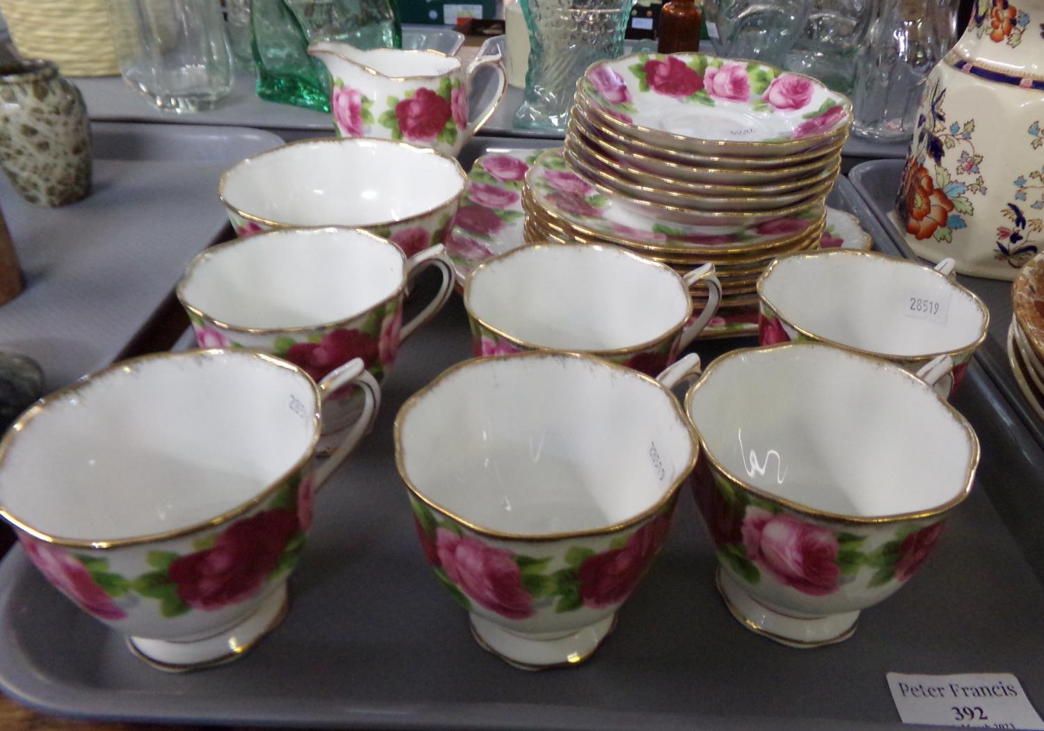 Tray of Royal Albert 'Old English Roses' teaware: six cups, saucers and tea plates, sandwich