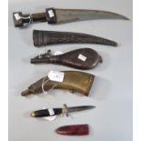 Group of weapons/related items, to include: Balkan horn handled dagger with leather sheath, a