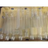 Box of narrow glass oil lamp chimneys (19), various makes, one marked 'Griffin Brand, Made in