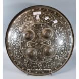 North Indian Damascened brass targe/shield with four bullseye mounts and foliate decoration. (B.P.