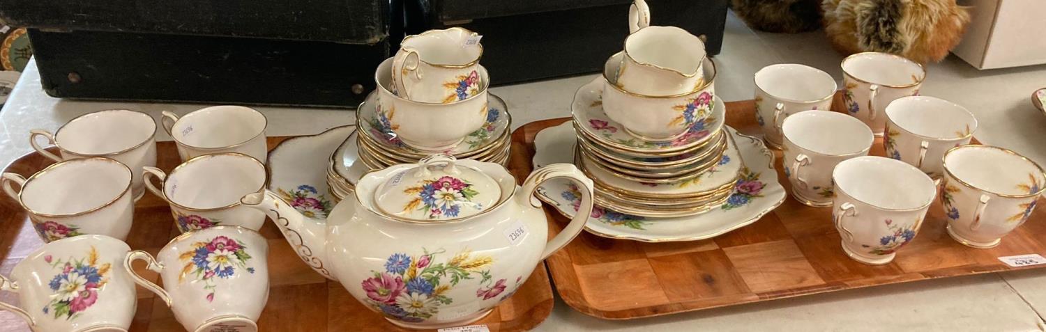 Two trays of Royal Albert English bone china 'Harvest Bouquet' design teaware to include: teapot,