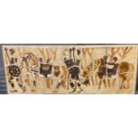Unusual ceramic tiled panel decorated with warriors and horses, possibly in a Persian style.