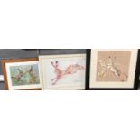 Three framed coloured furnishing prints featuring hares, boxing and running. The largest 30x29cm