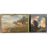 British School (19th century Naïve), two river scenes painted on wooden panels. 22x31 and 19x18cm