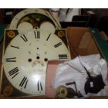 Two boxes containing Grandfather Clock movement, weights and face: face marked 'Jos. Lovatt,