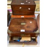 19th century mahogany brass banded work box with pullout drawer and accessories together with