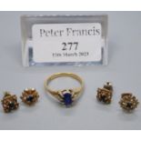 An 18ct gold and sapphire ring. Ring size Q. Approx weight 4.3 grams. Together with two pairs of