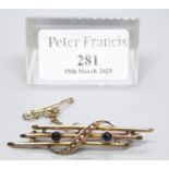 A 9ct gold sapphire and seed pearl bar brooch. Approx weight 2.5 grams. (B.P. 21% + VAT)