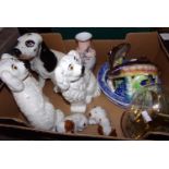 Box of assorted items: pair of 20th century Beswick Staffordshire dogs, two ceramic puppies and a