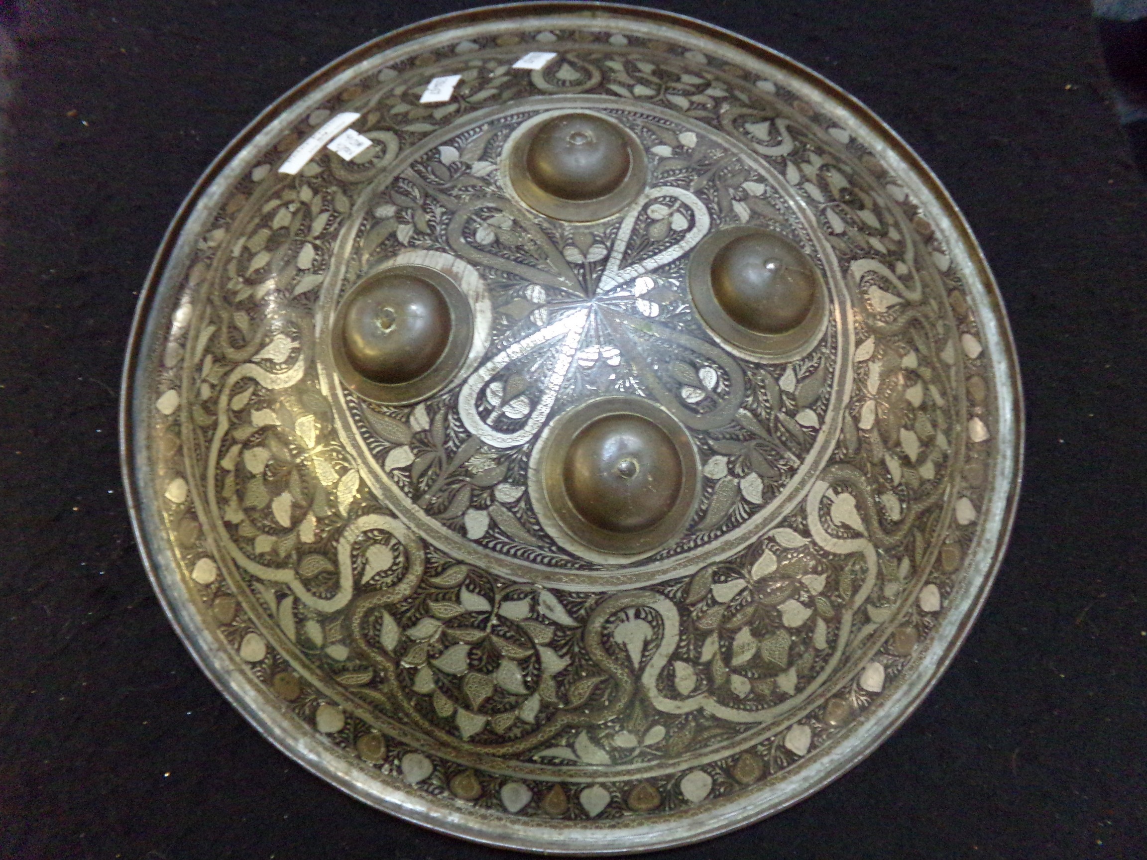North Indian Damascened brass targe/shield with four bullseye mounts and foliate decoration. (B.P. - Image 6 of 6