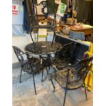 Modern cast metal and pierced design foliate garden table with four matching armchairs. (5) (B.P.