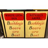 A group of six matching double sided enamelled 'Buckley's Beers are Best' pub signs, 'White Lion