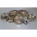 Collection of silver and white metal, various to include: small basket with swing handle, dishes,
