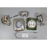 Bag of assorted silver, to include: pepperette, sugar tongs, part of a brandy ladle, pin cushion