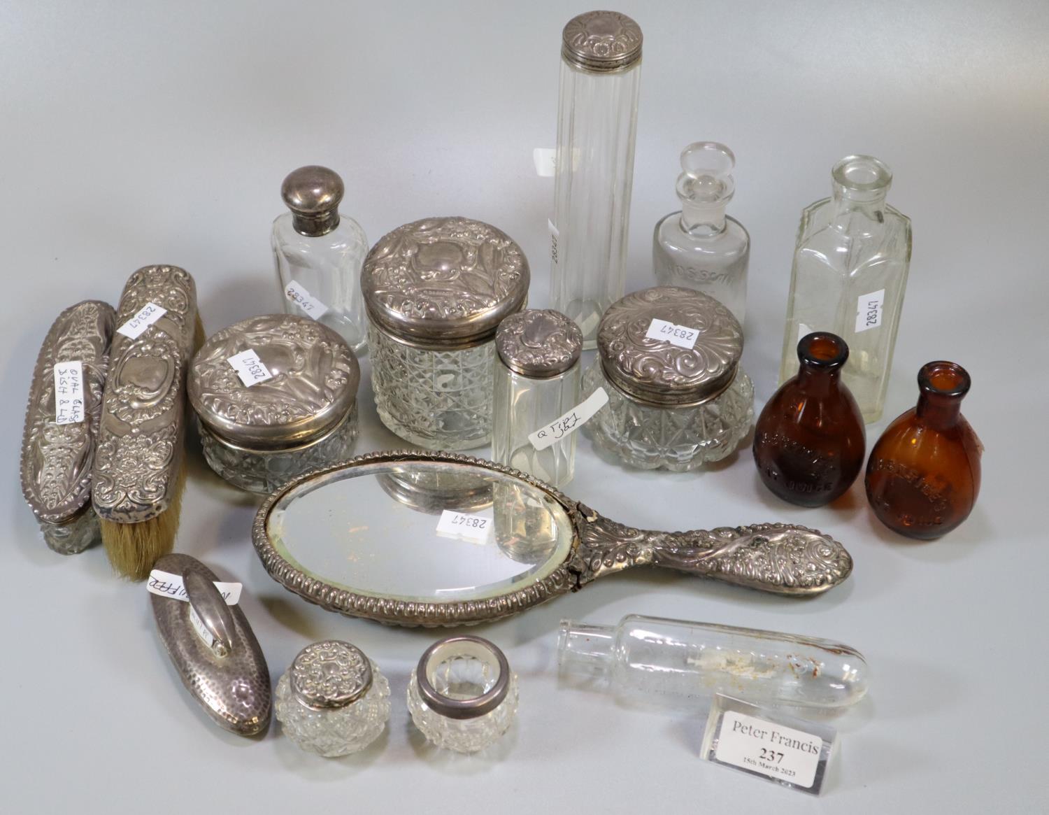 Tray of silver topped ladies vanity dressing table items, to include: brushes, mirrors, jars, nail