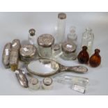 Tray of silver topped ladies vanity dressing table items, to include: brushes, mirrors, jars, nail