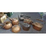 Box of mainly copper ware: four copper kettles (one missing lid) and a vintage electric copper