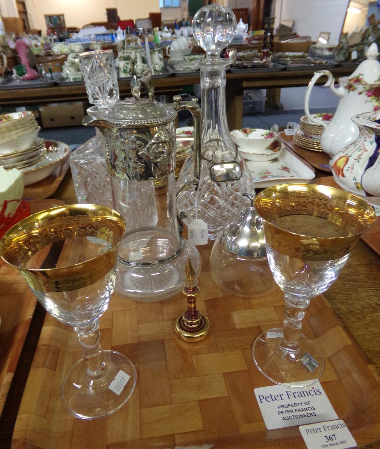 Tray of assorted glassware: two cut glass decanters one with a white metal label reading Brandy,