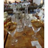 Tray of assorted glassware: two cut glass decanters one with a white metal label reading Brandy,