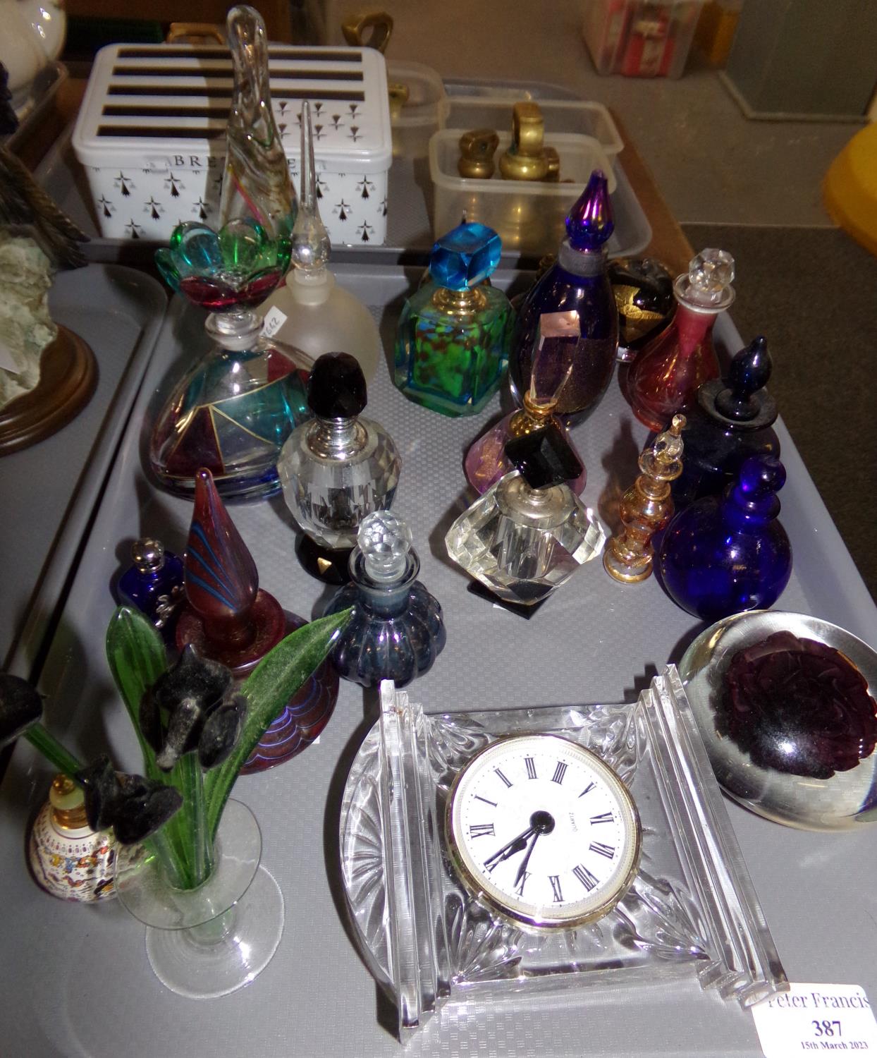 Tray of assorted glass scent bottles: two Art Deco style black and clear glass scent bottles, Murano