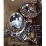 Box of assorted metalware: two originally silver on copper dwarf candlesticks, two larger