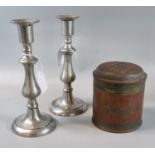 Pair of pewter brass baluster candlesticks together with an Indian metal jar and cover depicting