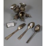 White metal novelty cruet set in the form of Scottish thistles together with a silver Christening