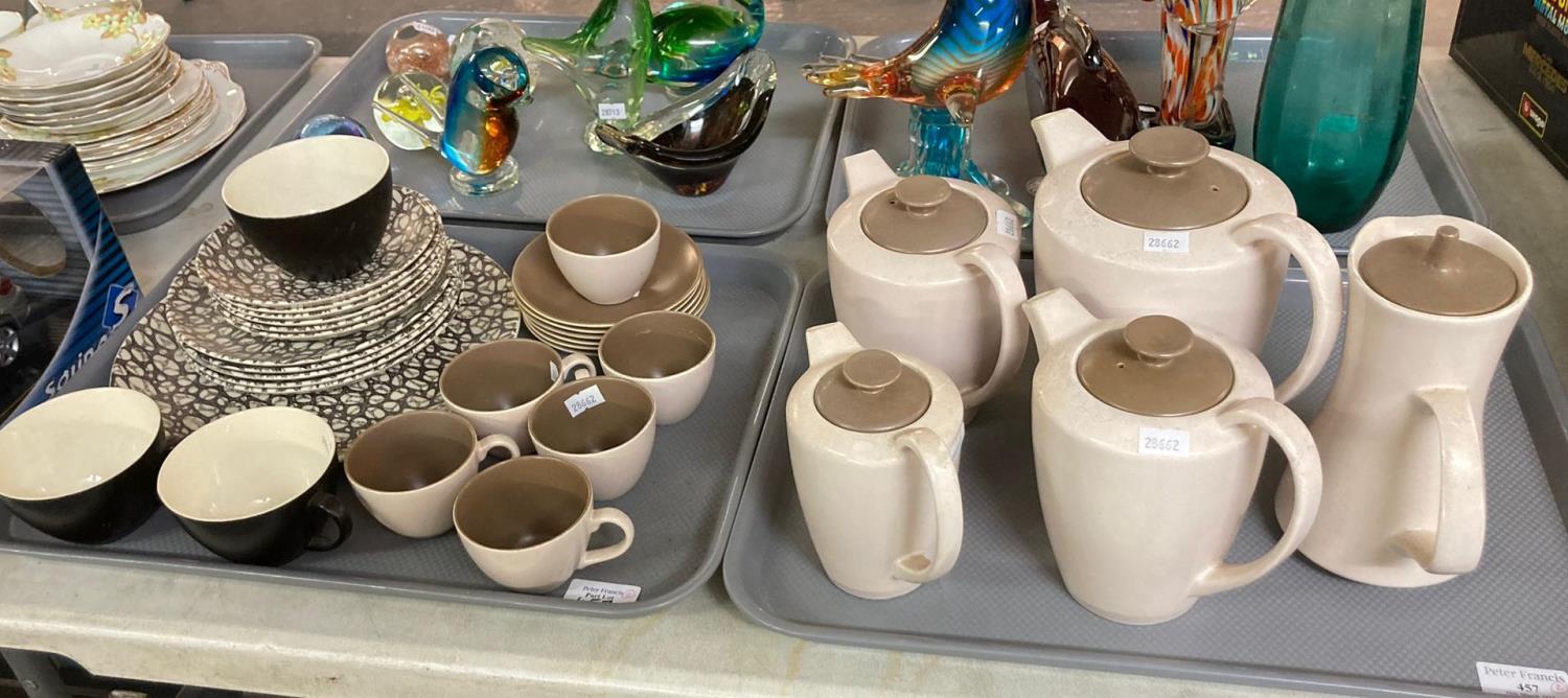 Two trays of Poole pottery coffee ware items, to include: coffee pots, water jug, cups, saucers etc.