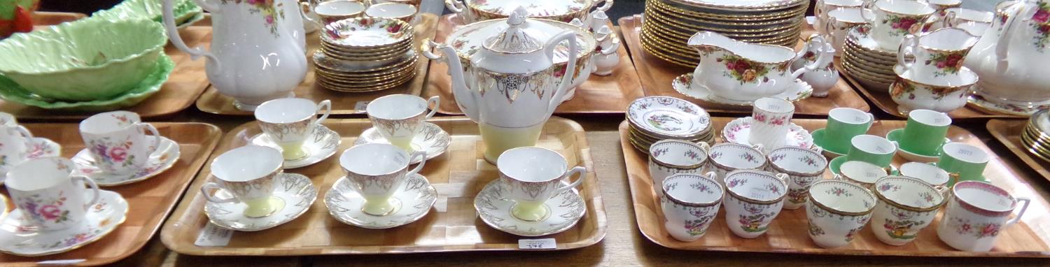 Three trays of china: six Royal Crown Derby 'Derby Posies' coffee cups and saucers, five Ashley Fine