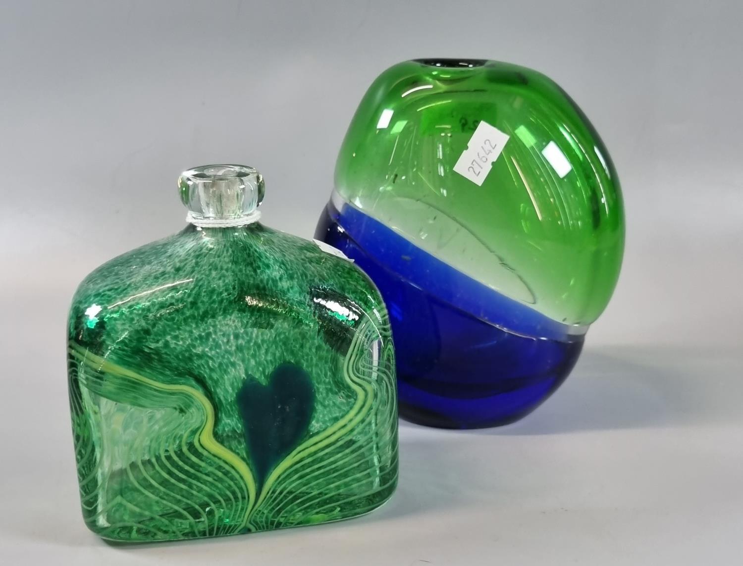 Skrdlovice Glassworks vase by Ladislav Palecek in cobalt blue green and clear glass. 16cm high