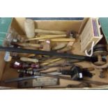 Box of vintage wooden tools: mallet, croquet mallets, possibly cobbler's hammer, vintage D R A
