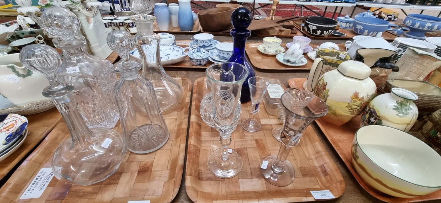 Two trays of glass to include: Bristol Blue mallet shaped decanter and stopper, crystal decanters