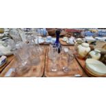 Two trays of glass to include: Bristol Blue mallet shaped decanter and stopper, crystal decanters