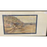 British school (early 20th century), monogramed M F E, coastal village with beached boats and