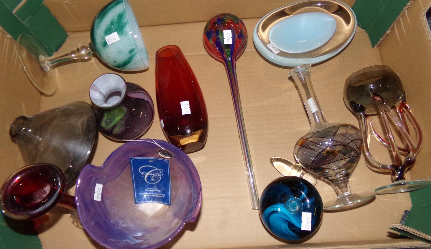 Box of assorted glassware: Italian Murano glass bowl, marbled green glass goblet, K & K glass