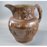 Large brown salt glazed stoneware baluster Harvest jug , with hunting scenes and Lurcher handle.