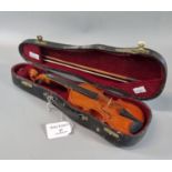Well made miniature violin with bow in fitted case. The violin overall 23.5cm long approx. (B.P. 21%