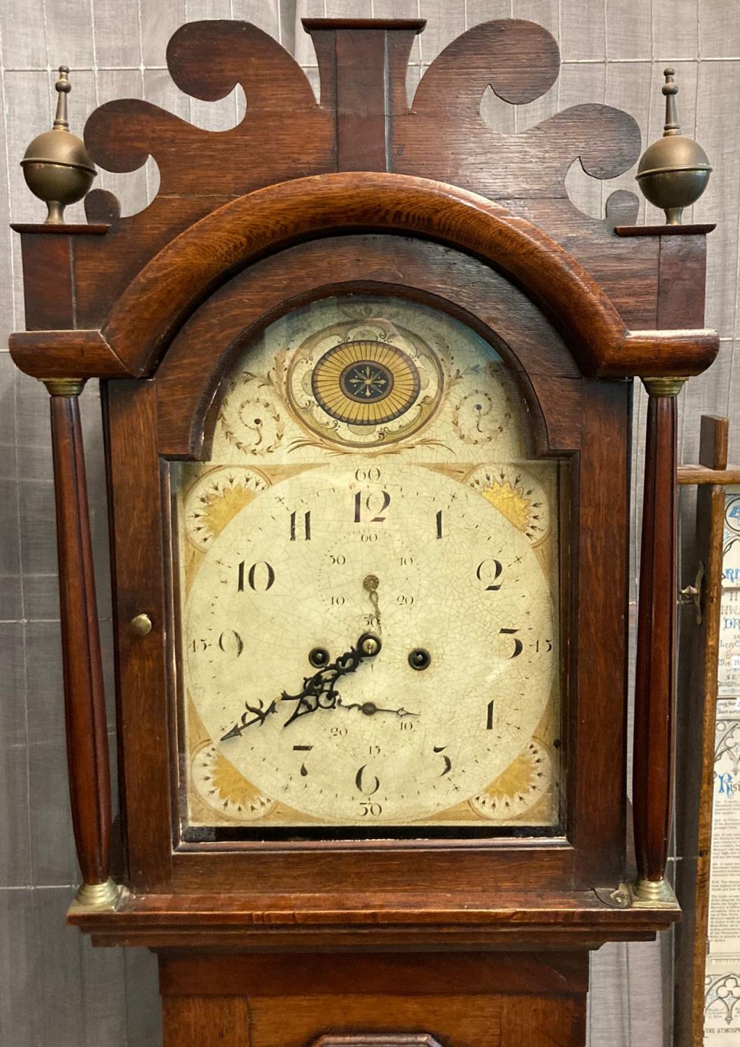 Early 19th century welsh oak eight day two train long case clock with original painted face having - Image 3 of 3