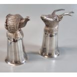 Two modern silver plated stirrup cups in the form of a stags head and a capercaillie bird,